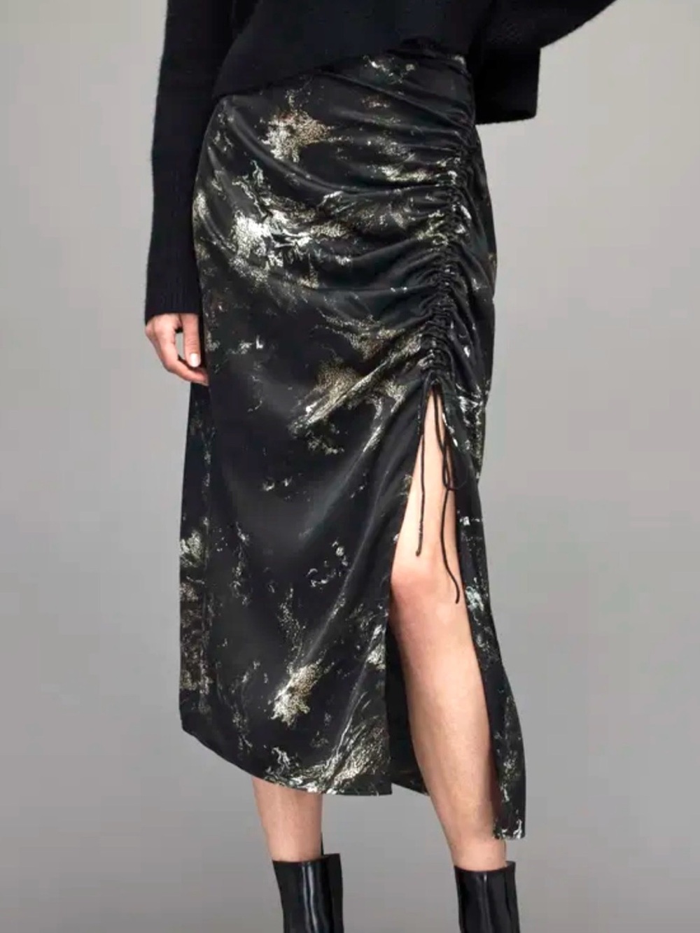 All Saints Carla Titania Midi Skirt Size 10 Ruched Black Patterned Silk Blend